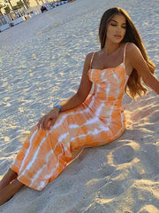 Vestido midi con cuello halter, espalda descubierta, fino y adelgazante con estampado