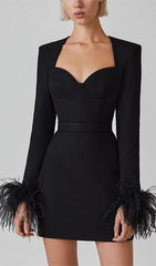 Stretch Long Sleeves Feather Mini Dress in Black