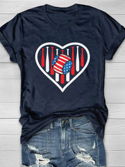 4th Of July Heart Baseball Print Short Sleeve T-Shirt