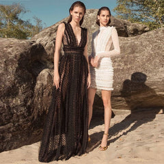 Vestido maxi ajustado de gasa sin mangas con cuello en V HB6178