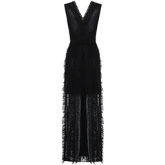 Vestido maxi ajustado de gasa sin mangas con cuello en V HB6178