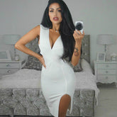 Vestido mini de vendaje con escote en V, sin mangas y aberturas HI864