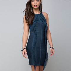 Vestido mini de vendaje con borlas y cuello halter sin mangas HQ229