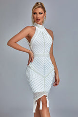 Thaliy Midikleid mit Perlenfransen - Weiß