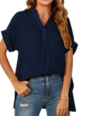 V-Neck Short Sleeve Striped Thin Loose Check Shirt