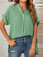 V-Neck Short Sleeve Striped Thin Loose Check Shirt