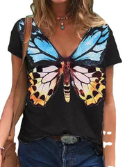Camiseta de manga corta con cuello en V y estampado de mariposas de verano