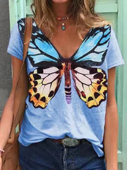 Camiseta de manga corta con cuello en V y estampado de mariposas de verano