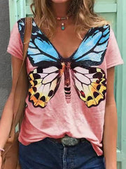 Camiseta de manga corta con cuello en V y estampado de mariposas de verano