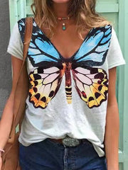 Camiseta de manga corta con cuello en V y estampado de mariposas de verano
