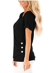 Camiseta de manga corta con cuello en V, tejido cruzado y dobladillo abotonado