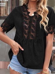 Camisa de encaje con cuello en V y manga corta, top informal de color liso