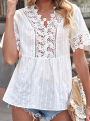 Camisa de encaje con cuello en V y manga corta, top informal de color liso