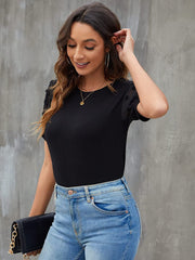 Camiseta de manga corta con cuello redondo, ribete de canalé y encaje de color liso