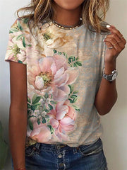 Kurzärmliges T-Shirt mit Rundhalsausschnitt und Blumenmuster im Sommerstil