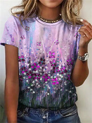 Kurzärmliges T-Shirt mit Rundhalsausschnitt und Blumenmuster im Sommerstil