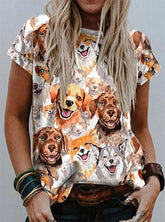 Camiseta holgada de manga corta con cuello redondo y estampado retro urbano estilo occidental