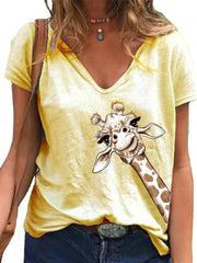 Camiseta de manga corta con cuello en V y estampado animal