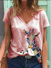 Kurzärmliges T-Shirt mit V-Ausschnitt und Animalprint