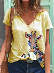 Kurzärmliges T-Shirt mit V-Ausschnitt und Animalprint
