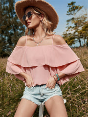 Blusa suelta sin mangas con volantes y cuello de lino