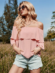 Blusa suelta sin mangas con volantes y cuello de lino