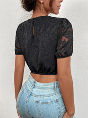 Ärmel Hohl Western Stil Pullover Cropped Navel Französisch Vintage Rundhals Top