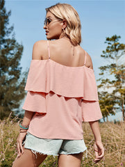 Blusa suelta sin mangas con volantes y cuello de lino