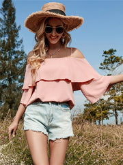 Blusa suelta sin mangas con volantes y cuello de lino