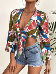 Blusa de manga larga con cuello en V y estampado, camisa corta con cordones