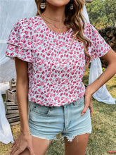 Camisa de gasa estampada con cuello redondo para mujer, top con mangas voladoras