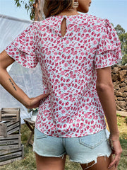 Camisa de gasa estampada con cuello redondo para mujer, top con mangas voladoras