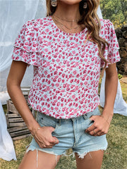 Camisa de gasa estampada con cuello redondo para mujer, top con mangas voladoras