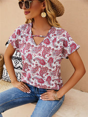 Camisa de gasa estampada con cuello redondo para mujer, top con mangas voladoras