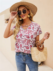 Camisa de gasa estampada con cuello redondo para mujer, top con mangas voladoras