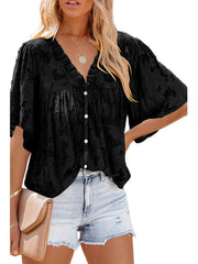 Camisa de gasa con mangas de cinco puntos para mujer europea y americana, color liso