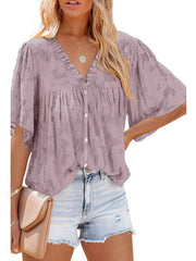 Camisa de gasa con mangas de cinco puntos para mujer europea y americana, color liso