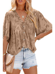 Camisa de gasa con mangas de cinco puntos para mujer europea y americana, color liso