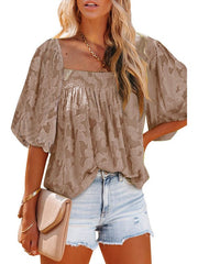 Solid Color Irregular Mid Sleeve Ladies Loose Casual Puff Sleeve Top