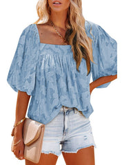 Solid Color Irregular Mid Sleeve Ladies Loose Casual Puff Sleeve Top