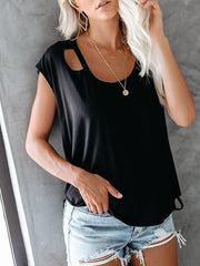 Camiseta holgada con cuello redondo y rotos de color liso