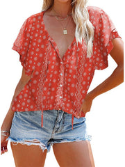 Lockeres Freizeithemd mit V-Ausschnitt und halber Knopfleiste, kurzen Ärmeln