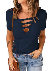 Jersey de cuello en V de color liso ajustado de manga corta