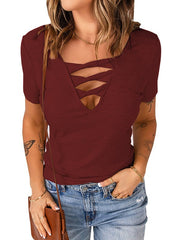 Jersey de cuello en V de color liso ajustado de manga corta