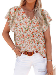 Camisa informal holgada de manga corta con cuello en V y estampado