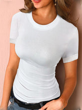 Camiseta de patchwork de color liso para mujer, manga corta, cuello redondo