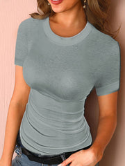 Camiseta de patchwork de color liso para mujer, manga corta, cuello redondo