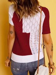 Colorblock Strick Kurzarm T-Shirt Top Strickpullover
