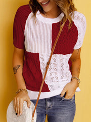 Colorblock Strick Kurzarm T-Shirt Top Strickpullover