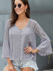 Camisa holgada con estampado de encaje y cuello en V para mujer, moderna, de manga larga y crochet